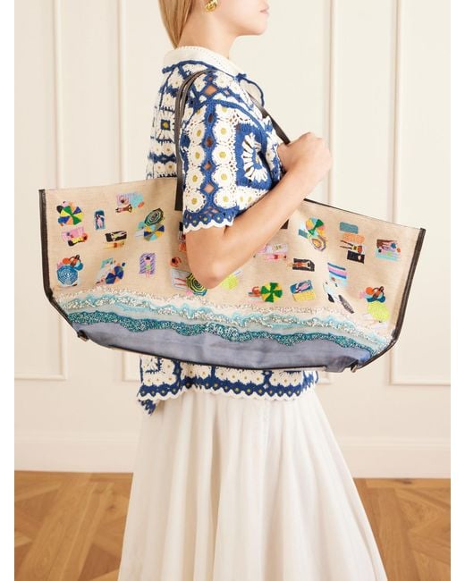 Staud Blue Christos Large Leather-Trimmed Embroidered Bead-Embellished Canvas Tote