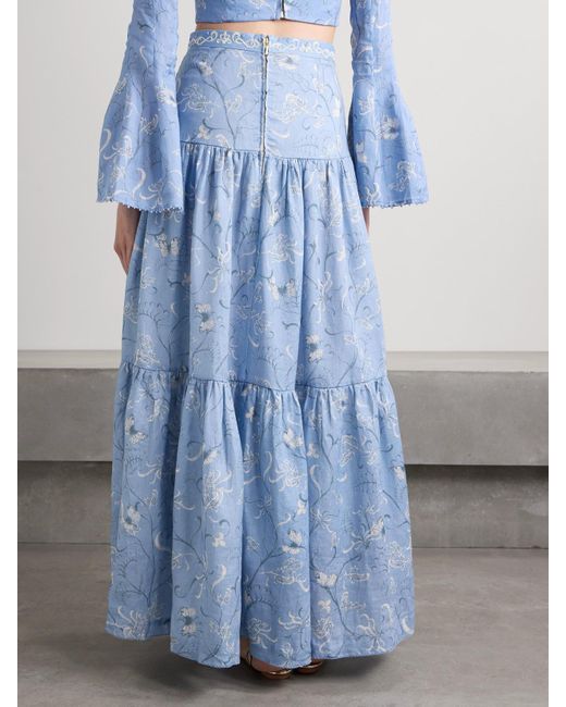 Agua Bendita Blue Anis Lymanopoda Tiered Printed Linen Maxi Skirt