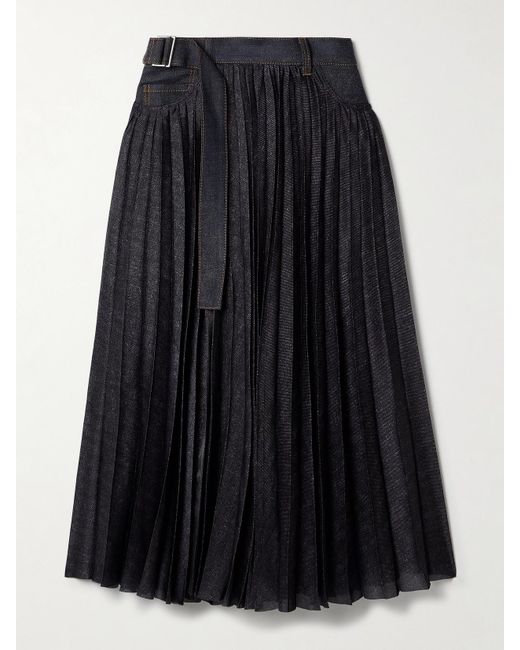 Sacai Blue Denim-Trimmed Pleated Printed Crepe De Chine Midi Wrap Skirt