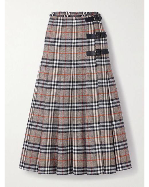 Jupe Midi En Laine À Carreaux, Plis Et Finitions En Cuir Burberry en coloris Multicolor