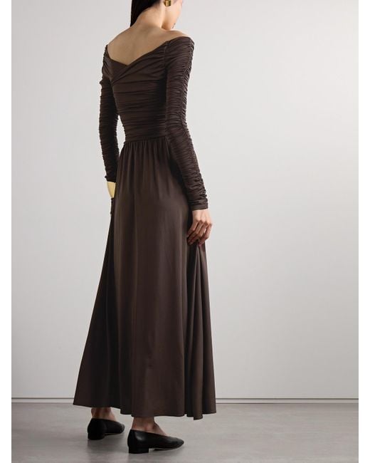 Altuzarra Brown Charlotte Off-The-Shoulder Ruched Stretch Recycled-Jersey Maxi Dress