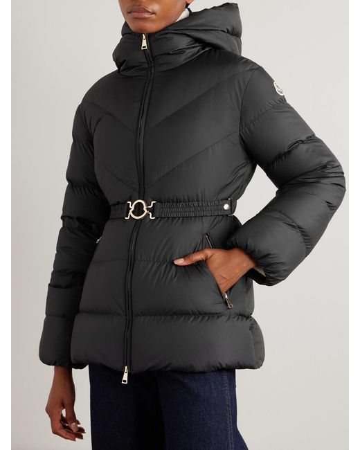 Moncler Black Brosse Daunenjacke Aus Gestepptem Shell Mit Applikation, Kapuze Und Gürtel