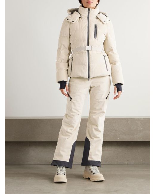 Brunello Cucinelli Natural Hooded Belted Bead-Embellished Ribbed Cotton-Velvet Ski Jacket