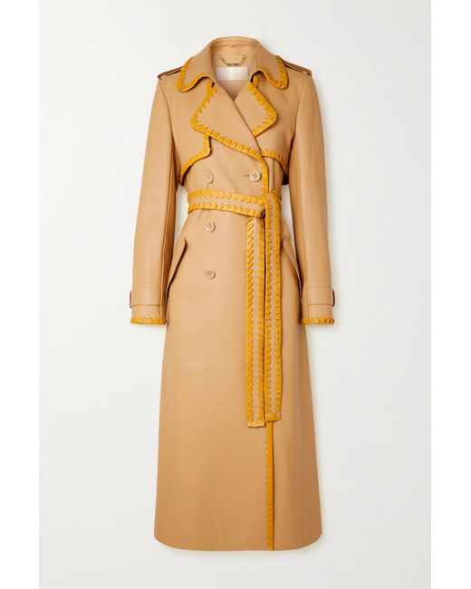 Chloé Belted Double Breasted Whipstitched Leather Trench Coat In Yellow