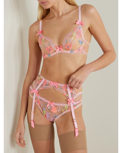 Agent Provocateur Pink Rixie Bow-Detailed Lace-Trimmed Embroidered Tulle Underwired Bra