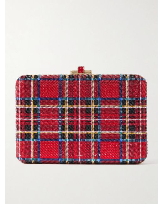 Judith Leiber Red Tartan Goldfarbene Clutch Mit Kristallen