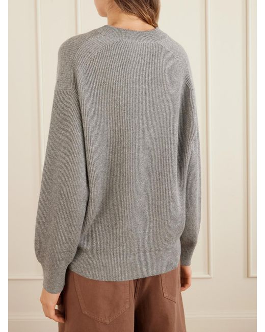 Brunello Cucinelli Gray Ribbed-Knit Metallic Cashmere-Blend Sweater