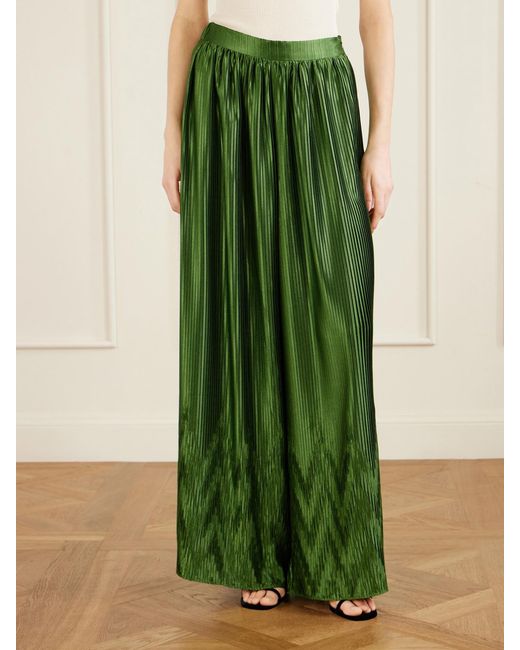 ‎Dima Ayad Green Metallic Plissé-Satin Wide-Leg Pants