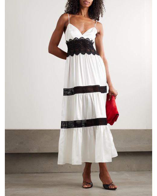 Loretta Caponi White Demi Tiered Lace-Trimmed Silk-Satin Midi Dress