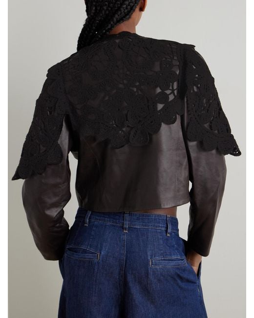 Sea Black Gwen Cropped Scalloped Crochet-Trimmed Leather Jacket