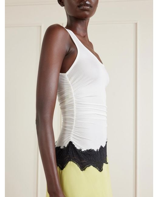 Christopher Esber Multicolor Cutaway Asymmetric Lace-Trimmed Ruched Stretch-Jersey And Crepe Dress