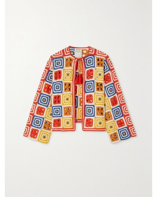 Escvdo Red Net Sustain Santeria Patchwork Crocheted-Cotton Cardigan