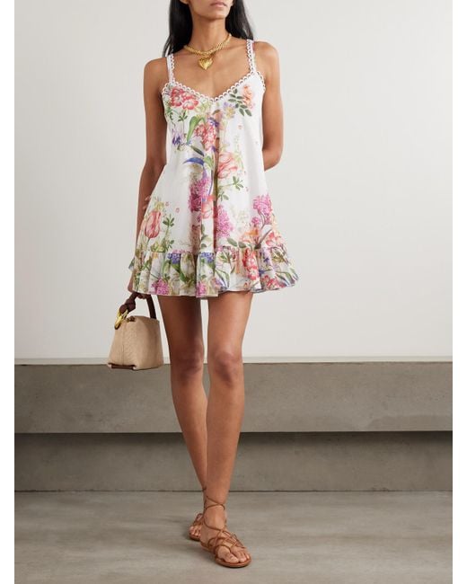 Charo Ruiz White Lily Ruffled Floral-Print Cotton-Blend Voile Mini Dress