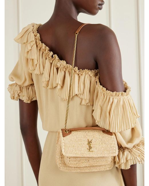 Saint Laurent Natural Niki Mini Leather-Trimmed Raffia Shoulder Bag