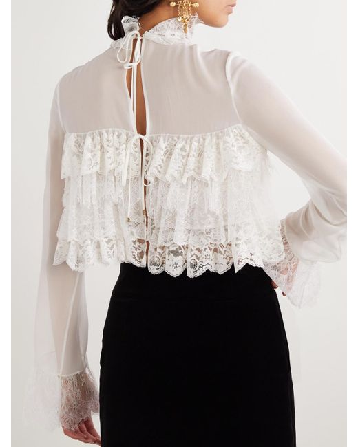 Chloé White Gestufte Bluse Aus Seidenchiffon Mit Spitzenbesätzen