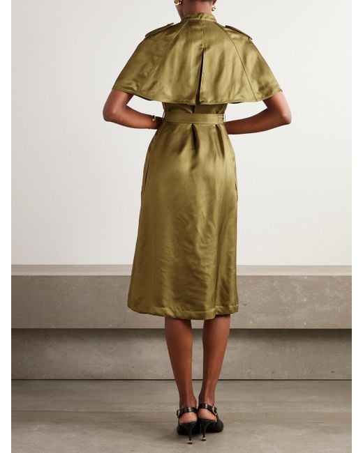 Burberry Green Layered Belted Satin-Twill Midi Dress