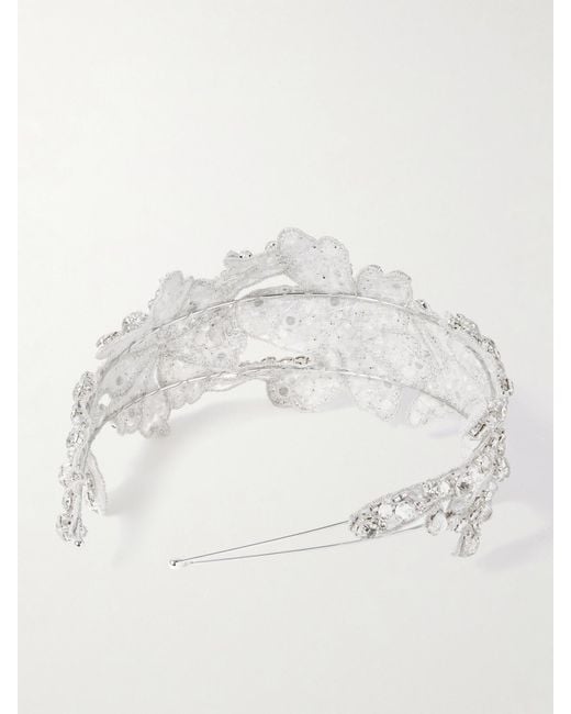 Jennifer Behr White Tressa Embellished Rhodium-Plated Headband
