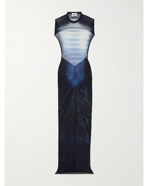 Jean Paul Gaultier Blue Le Mâle Gathered Printed Stretch-Mesh Maxi Dress