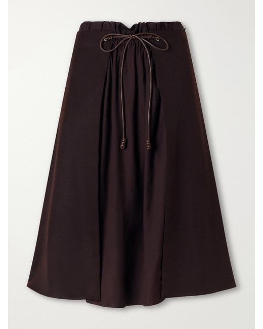 Moncler Black Leather-Trimmed Wool-Gabardine Midi Skirt