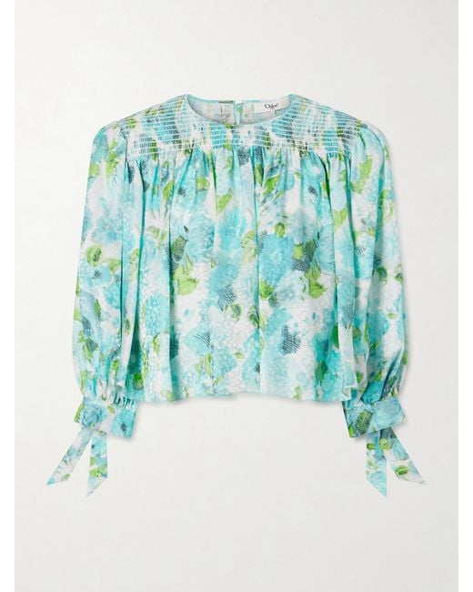 Chloé Blue Cropped Smocked Floral-Print Silk-Jacquard Blouse