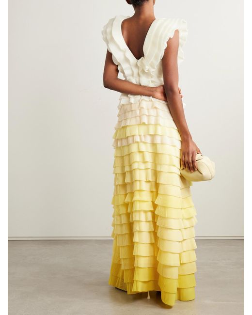 Aje. Yellow Reflection Maxikleid Aus Plissiertem Organza Mit Rüschen Und Farbverlauf