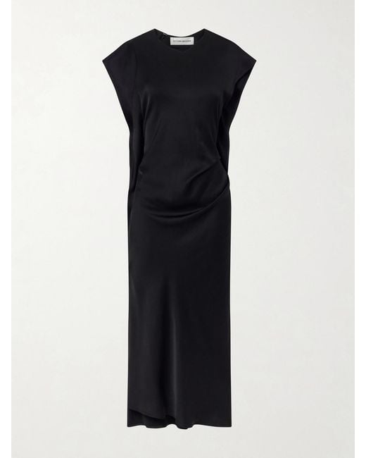 Victoria Beckham Black Victoria Gathered Satin Midi Dress