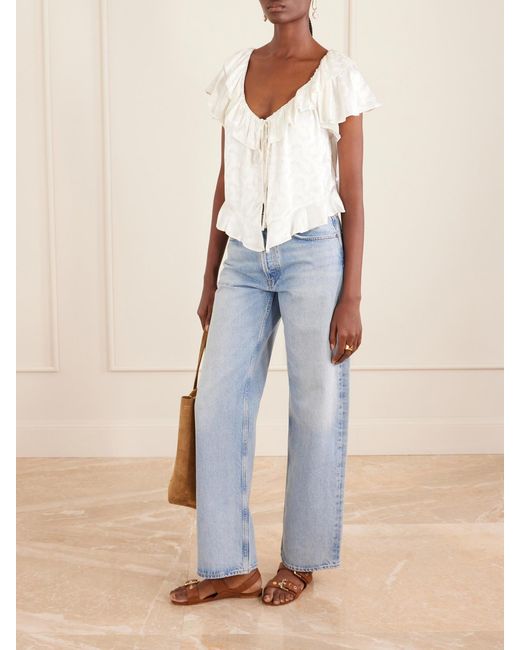 Doen White Floriette Ruffled Satin-Jacquard Blouse