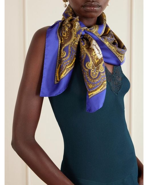 Saint Laurent Blue Paisley-Print Silk-Twill Scarf