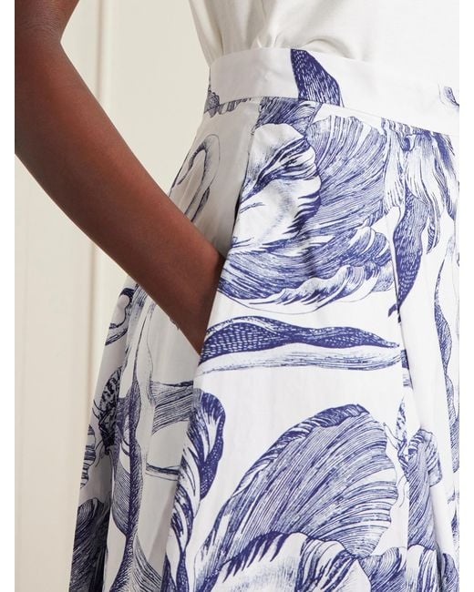 Erdem Blue Pleated Floral-Print Cotton-Poplin Midi Skirt