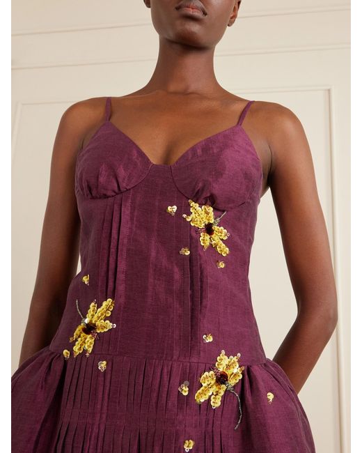 ShuShu/Tong Purple Bead And Sequin-Embellished Plissé Linen-Blend Mini Dress