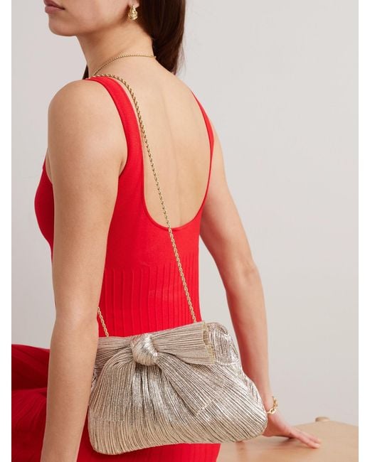 Loeffler Randall Natural Rayne Bow-Embellished Plissé-Lamé Clutch
