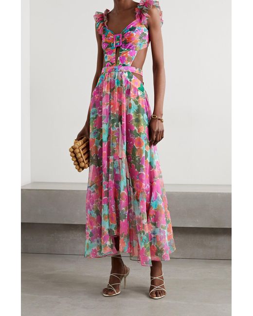 PATBO Gabi Ruffled Cutout Floral-print Stretch-jersey And Chiffon Maxi Dress  in Purple | Lyst