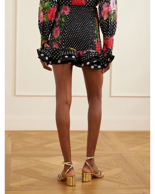 Charo Ruiz Black Alameda Shirred Ruffled Floral-Print Polka-Dot Cotton-Blend Mini Skirt