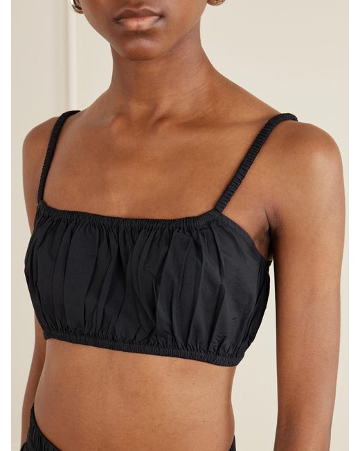 Suzie Kondi Black Bea Shirred Cotton-Poplin Bandeau Tank
