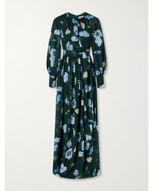 Erdem Green Floral-Printed Silk-Voile Gown