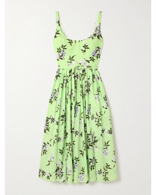 Emilia Wickstead Green Eglantine Belted Gathered Floral-Print Cotton-Poplin Midi Dress