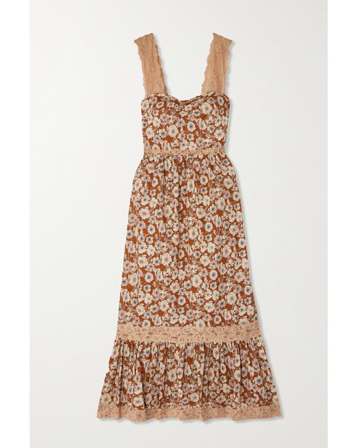Gucci Lace-trimmed Floral-print Silk-twill Maxi Dress in Brown | Lyst