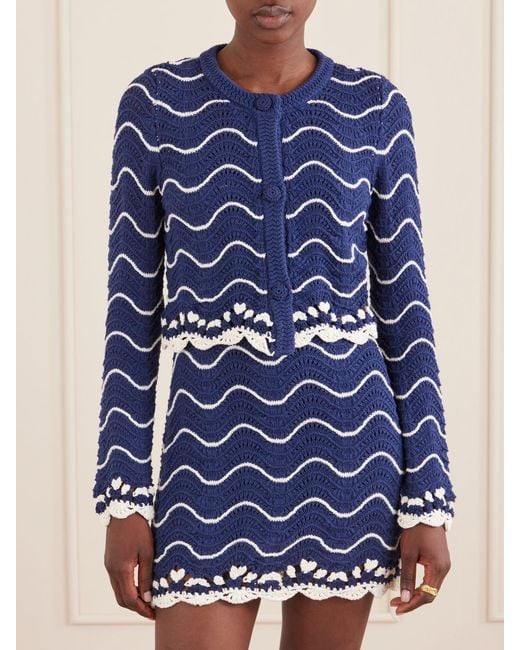 Cara Cara Blue Louise Scalloped Striped Cotton Knit Cardigan
