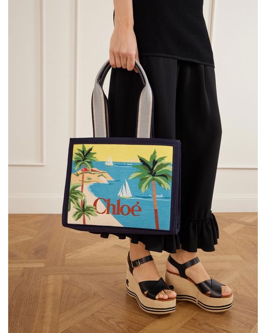 Chloé Blue Printed Leather-Trimmed Canvas Shoulder Bag