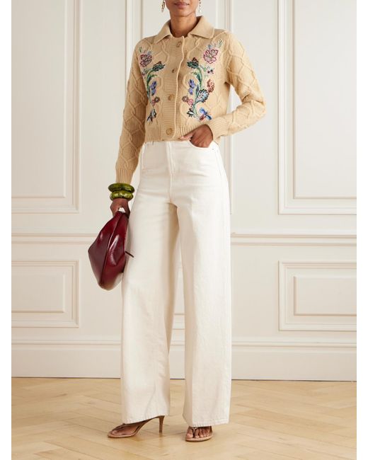 Etro Natural Embroidered Cable-Knit Wool And Cashmere-Blend Cardigan