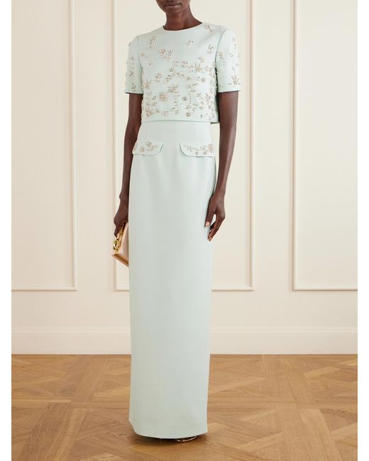 Oscar de la Renta Blue Crystal-Floral Embroidered Stretch-Wool Gown