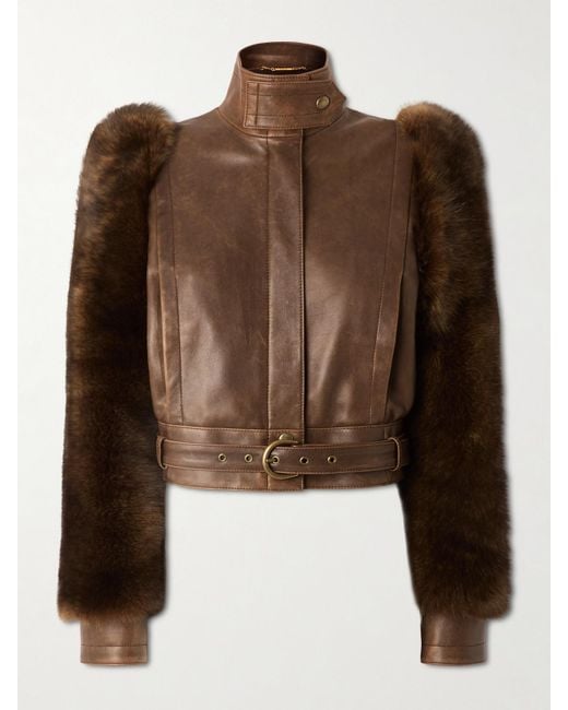 Chloé Brown Cropped Shearling-Trimmed Leather Jacket