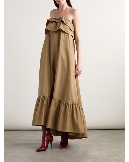 Robe Longue Bustier En Gabardine De Coton À Volants Saint Laurent en coloris Natural