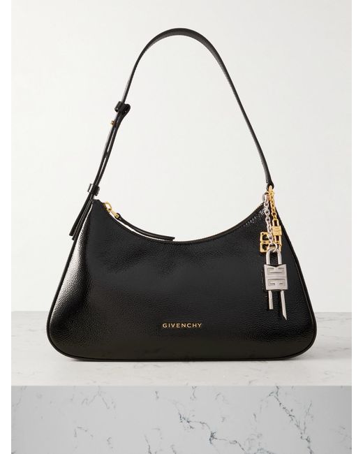 Givenchy Black Lucky Lock Small Embellished Glossed Textured-Leather Shoulder Bag