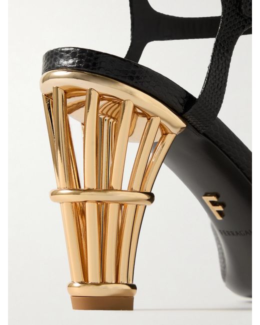 Ferragamo Black Nikla Lizard-Effect Leather Sandals