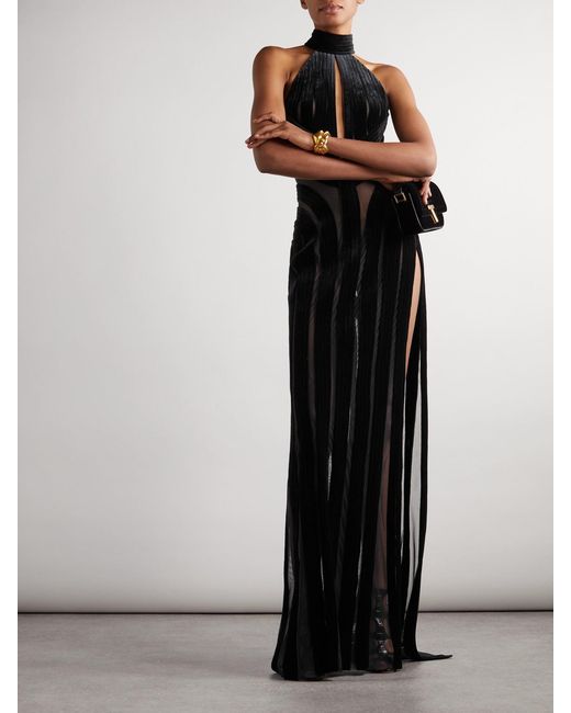 Tom Ford Black Cutout Tulle-Trimmed Velvet Halterneck Gown