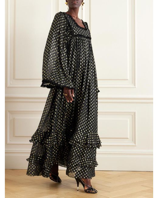 Robe Du Soir En Mousseline De Soie Mélangée, Fil Coupé Et Dentelle Chloé en coloris Black