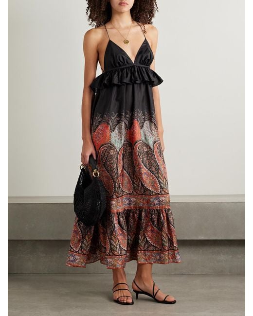 Zimmermann Black Rhiannon Ruffled Paisley-Print Silk Midi Dress
