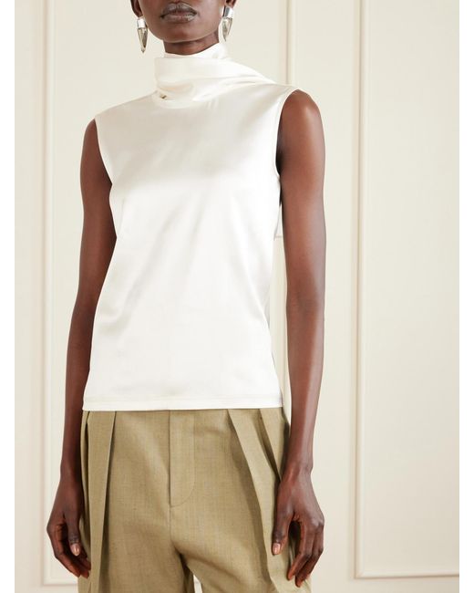 Bottega Veneta White Tie-Detailed Stretch-Silk Satin Top