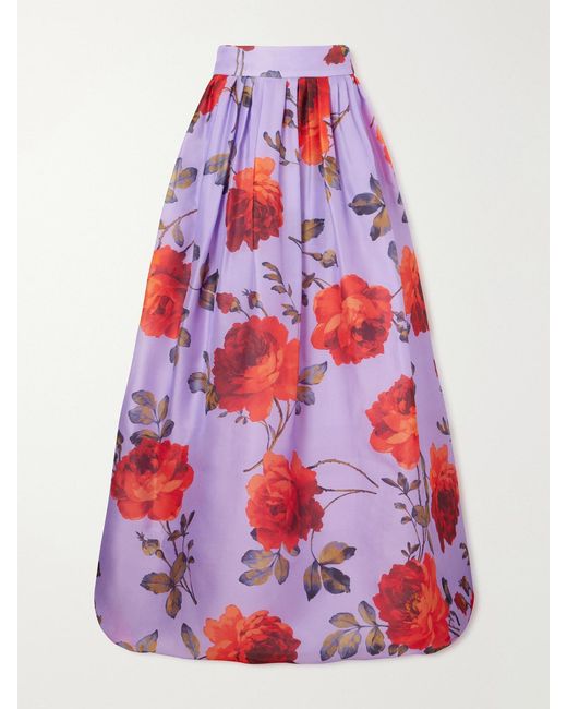 Carolina Herrera Red Floral-Print Linen Organza Maxi Skirt